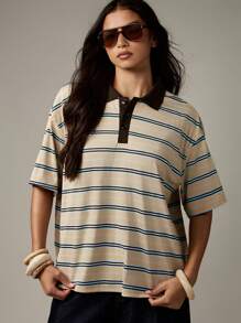 MISSGUIDED 复古条纹橄榄球 Polo 衫休闲学院风超大长款半袖领秋冬日常时尚必备 - 彩色 - 查看 4