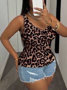 Slaydiva 大码女式百搭休闲工字背心，复古豹纹，深V领，百搭