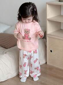 Dazy Kids Baby Girl Letter & Cartoon Bear Print Long Sleeve Top And Pants Pajamas,Toddler Fall Clothes - Baby Pink - View 6