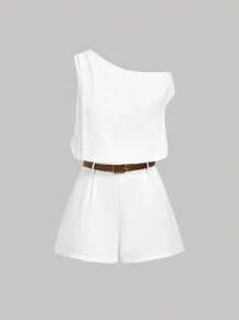 SHEIN MOD Women's White Oblique Shoulder Belted Wide Leg Short Jumpsuit - White - View 1