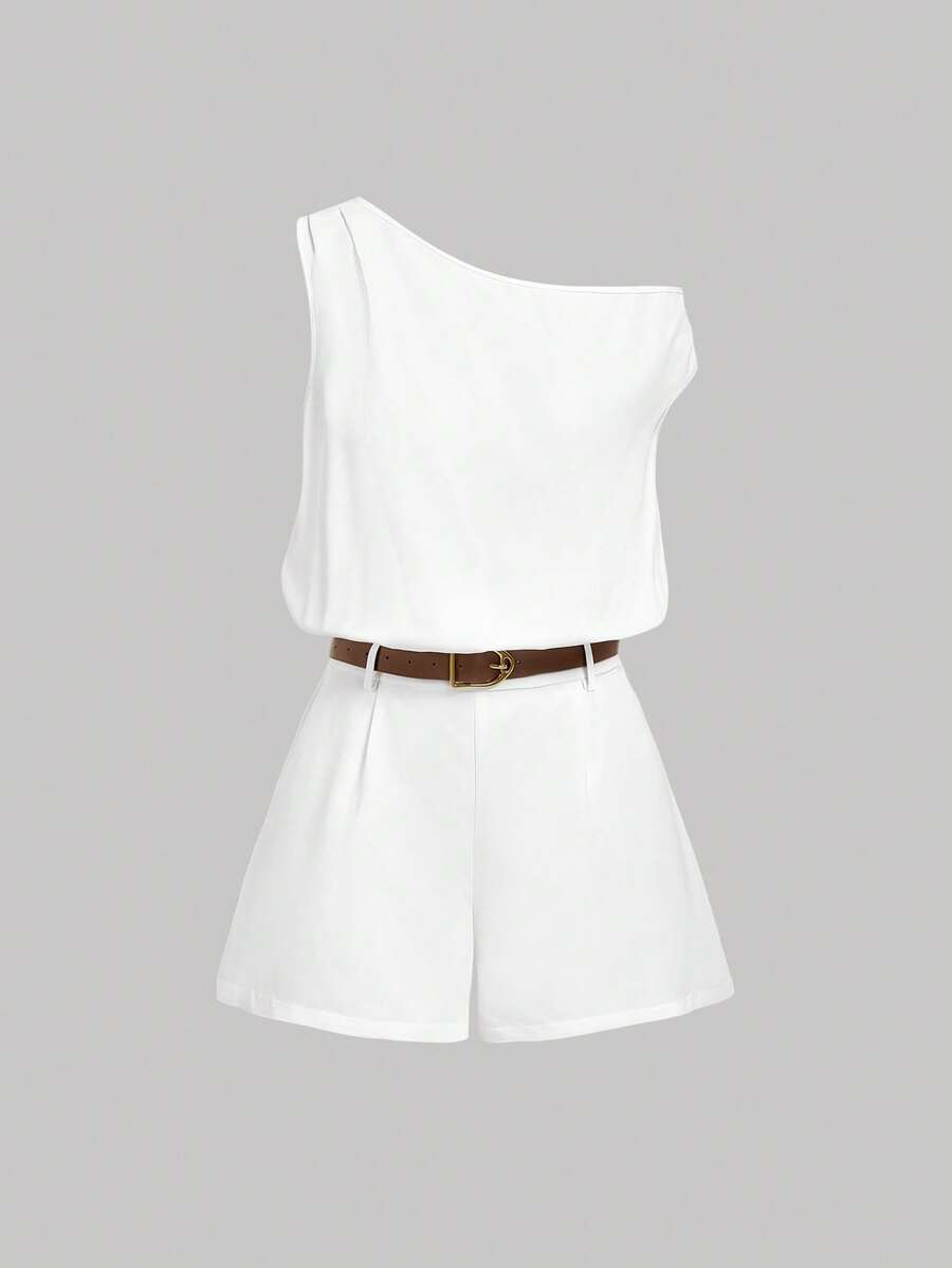 SHEIN MOD Women's White Oblique Shoulder Belted Wide Leg Short Jumpsuit - White - View 1