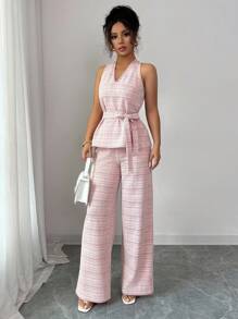 Elenzga Bộ đồ 2 mảnh áo yếm không tay cổ chữ V kẻ caro thanh lịch dành cho nữ + quần dài ống rộng cạp cao - Nhiều màu - Xem 5