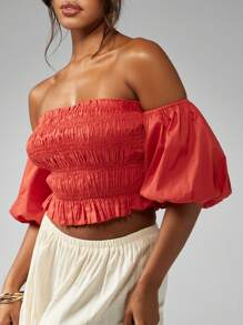 MISSGUIDED PLUS Plus Size Shirred Smocked Crop Top Off Shoulder Puff Sleeve Elastic Summer Party Festival Bardot Blouse Flowy Boho Elastic Ruffle Trim Cotton Blend - Red - View 6