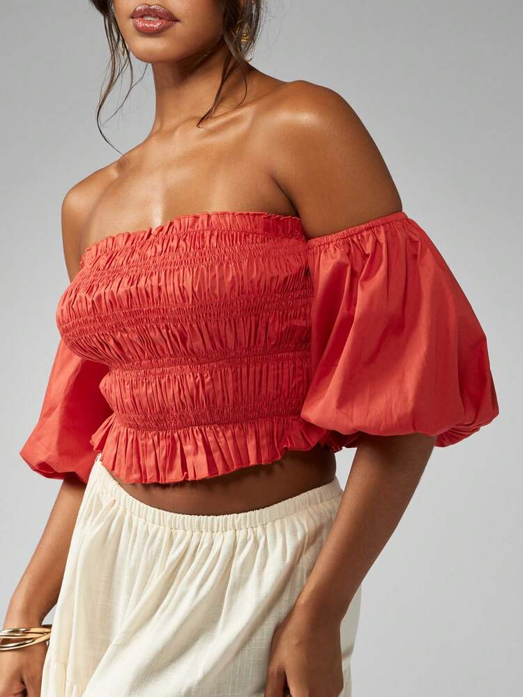 MISSGUIDED Bluzka w dużym rozmiarze z marszczeniami, z odkrytymi ramionami, bufiastymi rękawami, elastyczna, na letnią imprezę, na festiwal, w stylu bardot, zwiewna, w stylu boho, z falbanką, z mieszanki bawełny