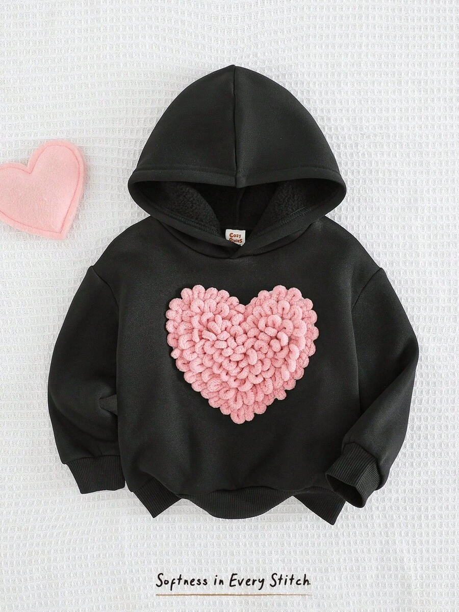 Cozy Pixies 女婴时尚心形图案连帽套头衫柔软针织休闲运动衫 - 黑色 - 查看 1