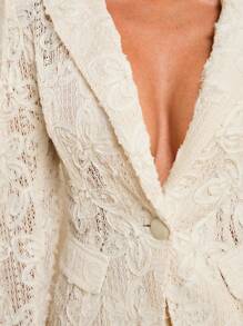 COSMINA 秋季女装花卉提花蕾丝镂空优雅薄款长袖西装外套，女士优雅服装 - 杏色 - 查看 8