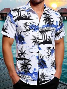 Manfinity RSRT 植物印花前扣休闲短袖衬衫，夏季 - 彩色 - 查看 1