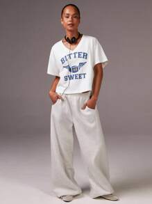 Athîral Women's Summer V-Neck Drop Shoulder Short Sleeve Letter Print Casual T-Shirt