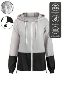 EMERY ROSE Plus Size Women Woven Regular Spring Autumn Casual Sports Contrast Color Hooded Jacket Fall Winter Cloth For Women - Multicolor - View 1