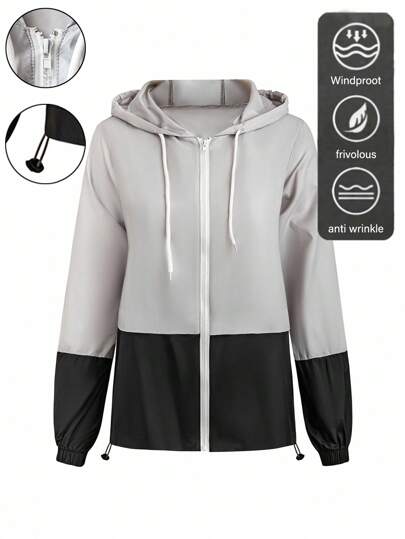 EMERY ROSE Plus Size Women Woven Regular Spring Autumn Casual Sports Contrast Color Hooded Jacket Fall Winter Cloth For Women