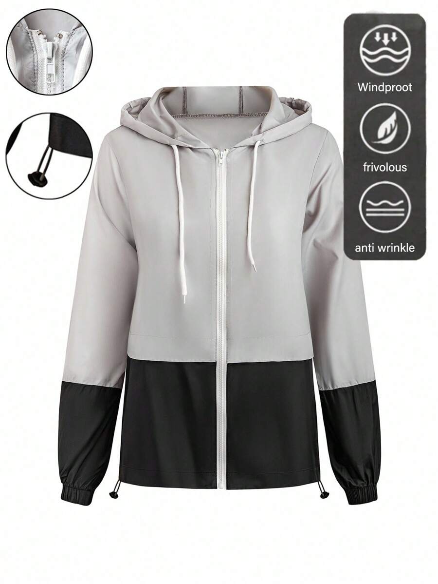 EMERY ROSE Plus Size Women Woven Regular Spring Autumn Casual Sports Contrast Color Hooded Jacket Fall Winter Cloth For Women - Multicolor - View 1