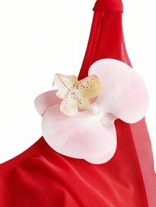 Swim Oasis Bộ bikini hở lưng họa tiết hoa 3D đi biển dành cho nữ kèm áo choàng và váy, mùa hè - Đỏ - Xem 5