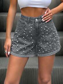 EURMUSE Quần short denim thường ngày mùa hè 100% cotton có đính đinh tán trang trí - Màu Xám nhạt - Xem 1