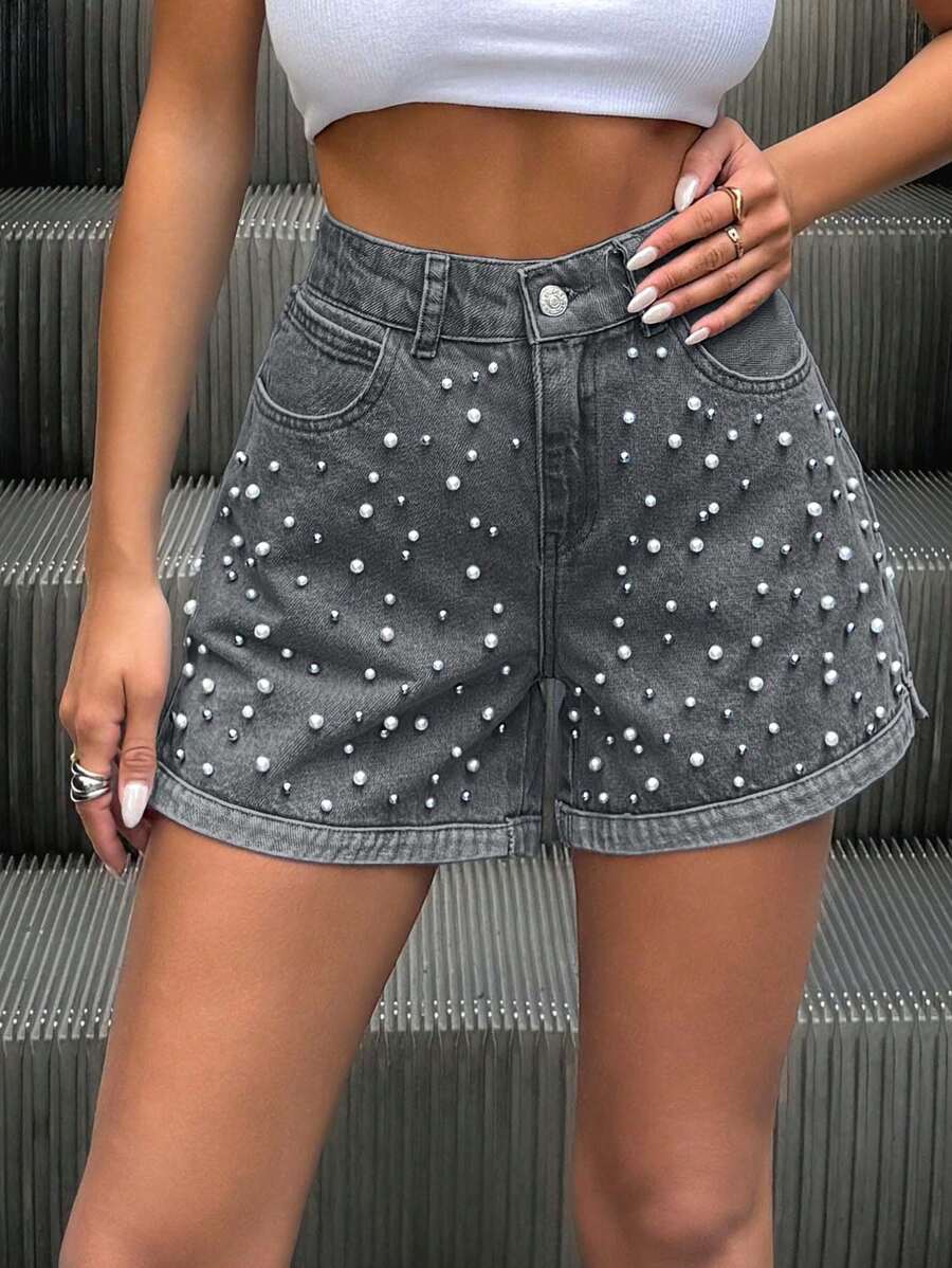 EURMUSE Quần short denim thường ngày mùa hè 100% cotton có đính đinh tán trang trí - Màu Xám nhạt - Xem 1