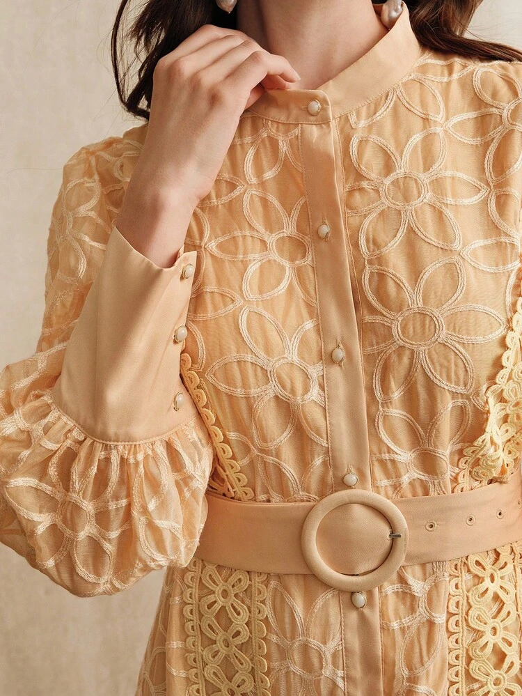 Elegant Belted Lantern Sleeve Long Dress For Women