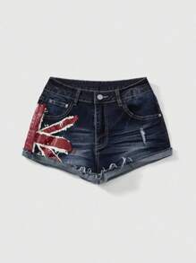 ROMWE Grunge Punk Quần short denim in họa tiết Union Jack cỡ lớn Y2K Vintage Washed - Màu xanh lam - Xem 1
