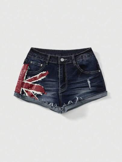 Grunge Punk Y2K Vintage Washed Plus Size Union Jack Print Denim Shorts,Back To School
