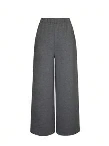 INAWLY 女士纯色松紧腰宽松阔腿休闲裤 - 深灰色 - 查看 2