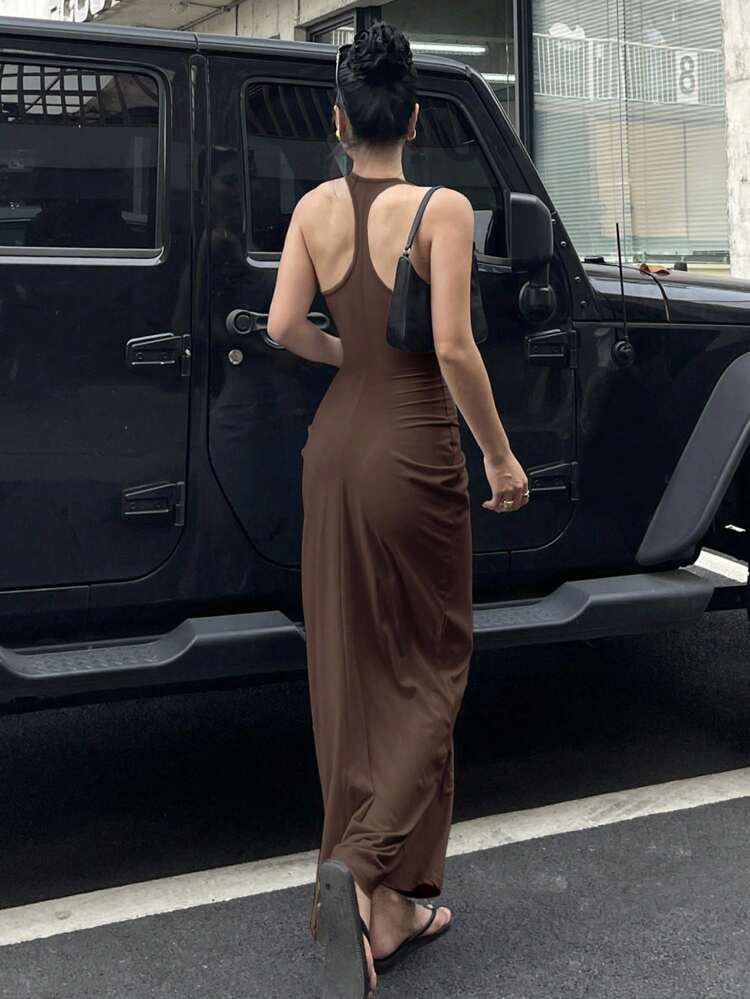 Women's Solid Color Halter Bodycon Korean Style Sexy Mid-Length Dress, Summer Maxi Dress Sundress