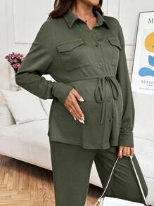 SHEIN 2 peças Conjunto de Maternidade: Jaqueta de Manga Longa com Ombros Caídos e Botão Único na Cor Sólida e Calça com Cintura Ajustável, Casual