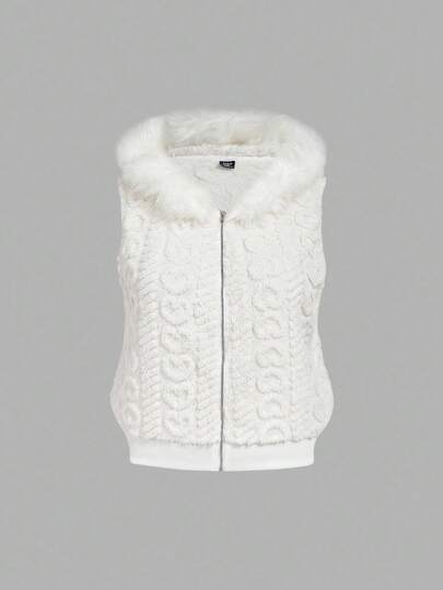 SHEIN MOD Plus Size Women's Sleeveless Jacket Heart Pattern Fluffy Trim Jacket, Autumn Winter, Sweatshirt, Homecoming Sweatshirt, Women Hoodies, Brunch Women, Fall Wedding Guest Hoodie, Homecoming, 90s, Ladies Late Fall Casual Contrast Fluffy, Zipper Regular Sleeve Hooded Regular Fit White Plain Women Jackets, Casual Daily Wear,New Year,Valentine Hooded Vest Sleeveless Cardigan