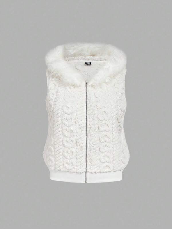 SHEIN MOD 加大码女式无袖夹克心形图案蓬松装饰夹克，秋冬，运动衫，返校节运动衫，女式连帽衫，早午餐女式，秋季婚礼宾客连帽衫，返校节，90 年代，女士深秋休闲撞色蓬松，拉链常规袖连帽常规版型白色纯色女式夹克，休闲日常穿着，新年，情人节连帽背心无袖开衫