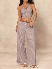 SHEIN PETITE Bộ 2 món/Bộ áo yếm không tay kẻ sọc cho nữ và quần ống rộng - Nhiều màu - Xem 2