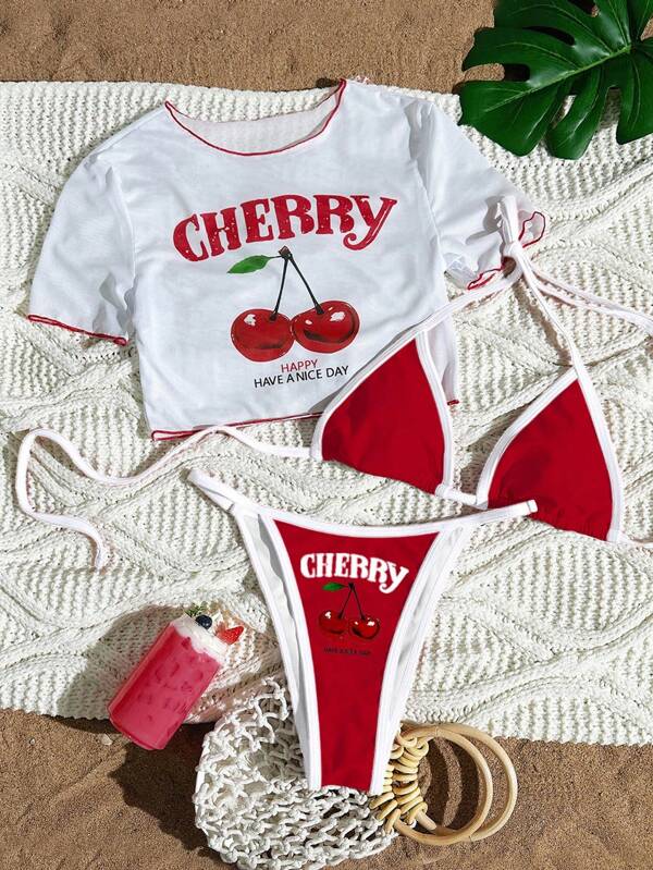 Swim Mod 3pcs Women's Surfing Suit Set, Cherry Letter Print Strappy Bikini Swimsuit, Hollow Mesh Neck Short Sleeve Tee Cover Up & Knit Swimwear