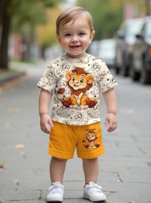 SHEIN 2pcs Baby Boy Casual Cartoon Lion Graphic Round Neck Short Sleeve T-Shirt And Shorts Set, Suitable For Summer