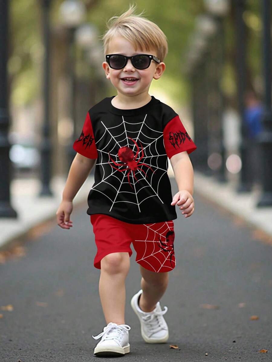SHEIN 2 件套男童休闲简约卡通蜘蛛印花圆领短袖上衣和短裤套装，适合夏季 - 彩色 - 查看 1
