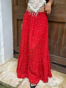 Sunnyshic 女式碎花高腰A字裙，适合夏季度假 - 紅色 - 查看 3