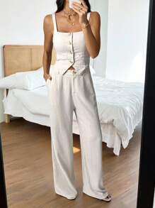 SHEIN Tall Set de 2 piezas de mujer elegante para una cita: Top de tirantes con cuello cuadrado y botones y pantalones anchos de pierna ancha