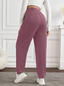 SHEIN 孕妇纯色可调节腰部褶饰休闲哈伦裤 - 珊瑚粉 - 查看 2