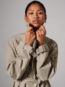 COSMINA Women's Solid Color Waist Pocket Casual Long Sleeve Trench Coat In Fall/Winter - Khaki - View 3