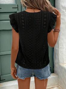 SHEIN Frenchy Women's Solid Color Round Neck Cap Sleeve Casual T-Shirt For Vacation Old Money Style Black Summer Holiday Resort - Black - View 3