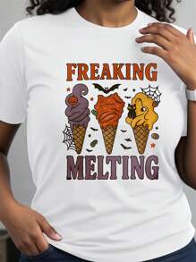 INAWLY 女士休闲冰淇淋印花圆领短袖T恤