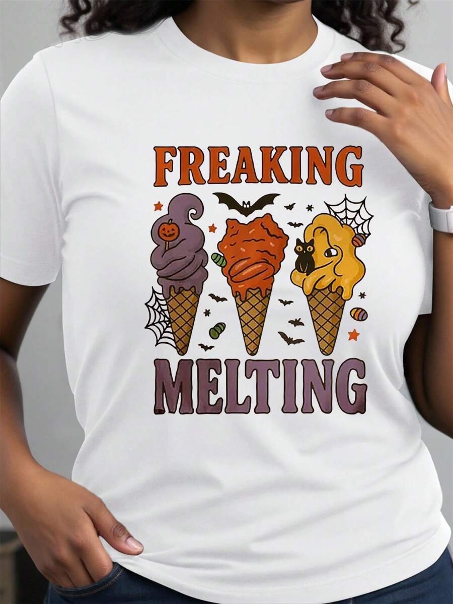 INAWLY 女士休闲冰淇淋印花圆领短袖T恤