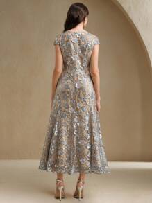 Anewsta 优雅香槟色花卉装饰网眼女士度假连衣裙，闪亮短袖派对/约会连衣裙，春夏装 - 銀色 - 查看 2