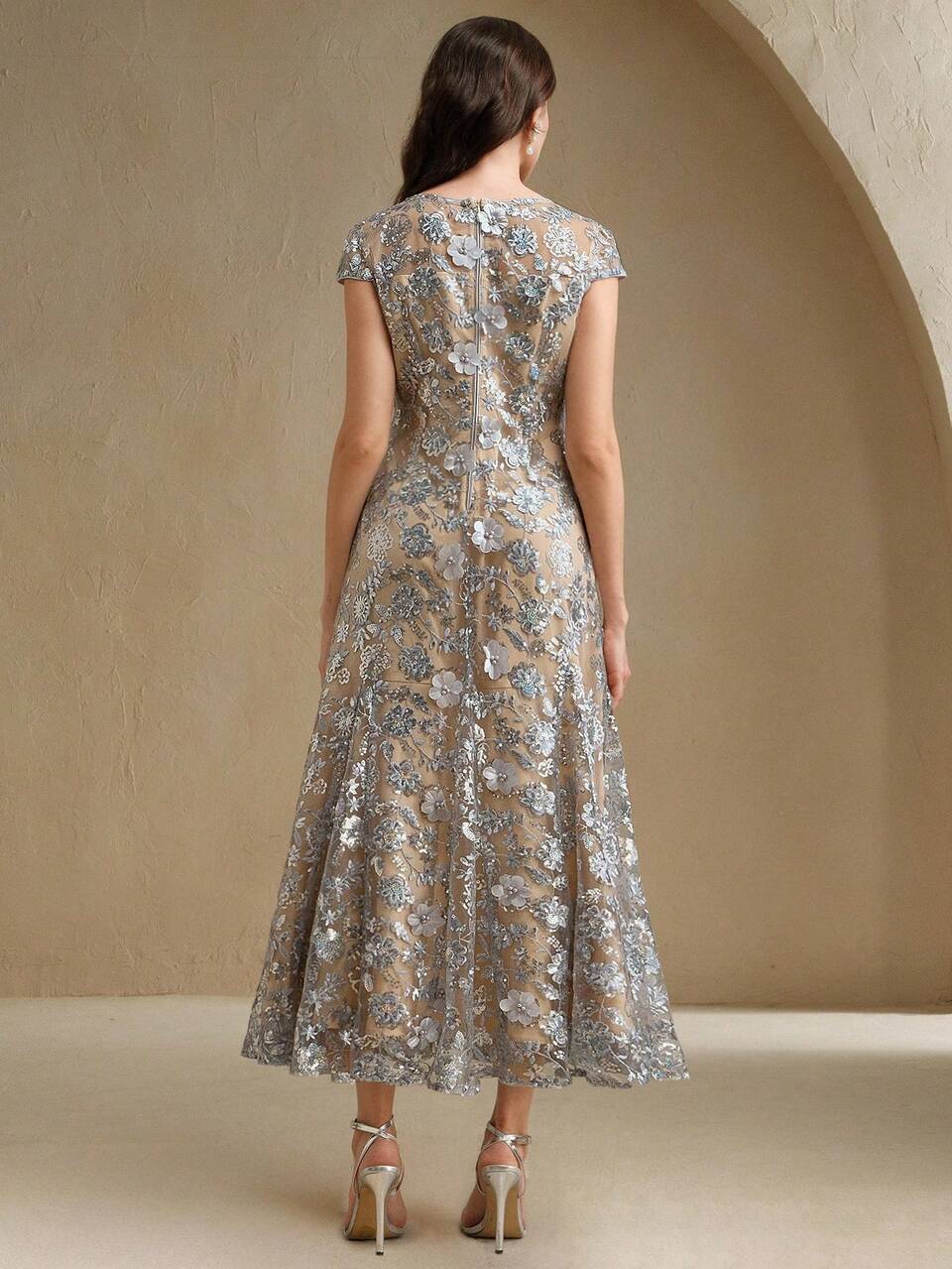 Elegant Champagne Floral Embellished Mesh Resort Wear Dress For Women, Sparkly Short Sleeve Party/Dating Dress, Spring/Summer Outfits