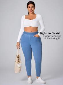 Flexra Plus Size Women Bowknot Elastic Fitted Pants - Medium Wash - View 5
