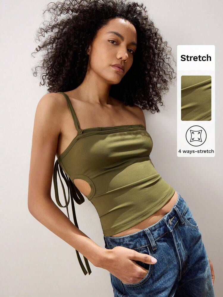 SHEIN Maija オリーブグリーン 肩抜き デザイン レディース タンクトップ、カジュアル 春夏フェスティバル 快適 多用途