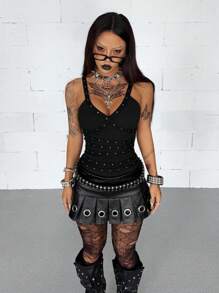 Coolane 女式夏季狂欢复古朋克节街头服饰 Y2K Grunge Gyaru 铆钉带状纹理装饰黑色吊带背心 - 黑色 - 查看 4