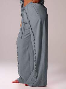 MUSERA 抽绳腰带亚麻质感荷叶边阔腿休闲裤，适合伊比沙岛、性感度假、夏季节日、海滩度假、浪漫优雅的生日、婚礼、机场、秋季、冬季、休闲、工作、返校等场合。