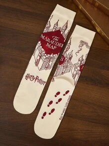 HARRY POTTER X SHEIN 4 Paar weiche und atmungsaktive, feuchtigkeitsableitende Lässig Herren Crew Socken mit modischen schwarz-weißen Crew Socken, verstärkte Zehenpartie und Ferse für Haltbarkeit, Unisex für Herren und Damen, Ganzjahresmodell, alles passend