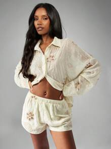 MISSGUIDED Elegant Beaded Sequin Button Down Shirt Long Sleeve Collared Blouse Dressy Oversized Fall Winter Party Holiday Festival Evening Wear - Coffee Brown - View 3