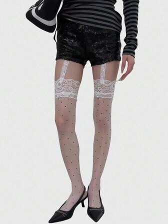 Kawaii 1 par de medias/pantimedias/mallas blancas y sexys para mujer con encaje y diseño de lunares en unicolor, ideales para ir al trabajo, de compras, citas y complementar vestidos