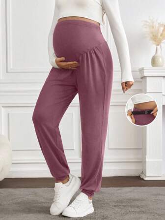 SHEIN Maternity Solid Color Adjustable Waist Ruched Detail Casual Harem Pants
