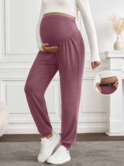 SHEIN Pantalones harem casuales de maternidad con detalles de cintura ajustable y plisado de unicolor