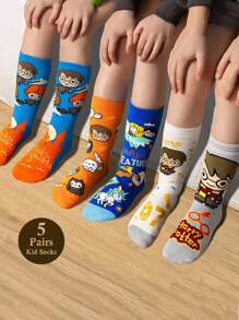 HARRY POTTER X SHEIN 5 双卡通图案棉质柔软透气吸湿排汗儿童中筒袜彩色可爱卡通图案中筒袜加固脚趾和脚跟，经久耐用，男女通用，适合所有季节，百搭，适合学校和户外 - 彩色 - 查看 2