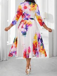 SHEIN Lady 春夏优雅通勤办公室波西米亚风彩色编织重叠领喇叭中长七分袖加大码连衣裙优雅服装办公室连衣裙 - 彩色 - 查看 2